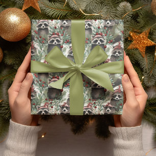 Raccoon Wearing Hat Surrounded By Plants Christmas Wrapping Paper