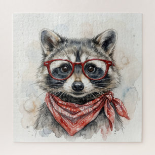 Raccoon Wearing Red Glasses and Bandana Jigsaw Puzzle