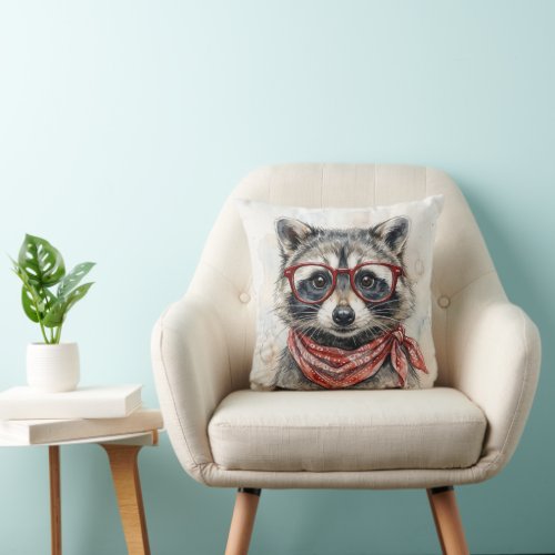 Raccoon Wearing Red Glasses and Bandana Throw Pillow