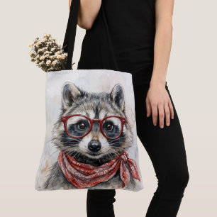 Raccoon Wearing Red Glasses and Bandana Tote Bag