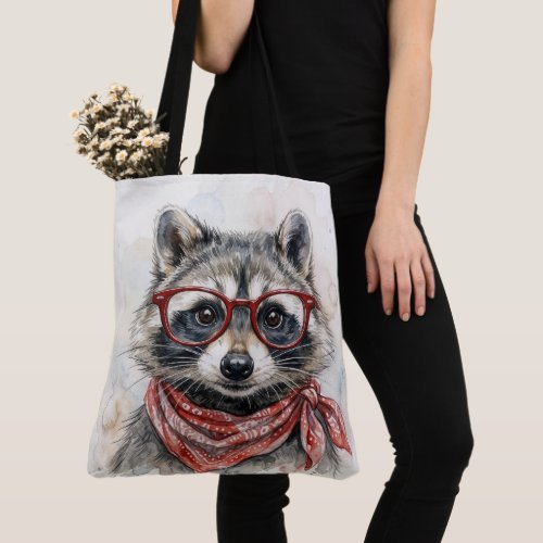 Raccoon Wearing Red Glasses and Bandana Tote Bag