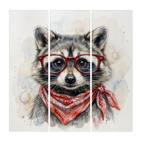 Raccoon Wearing Red Glasses and Bandana Triptych