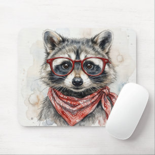Raccoon Wearing Red Glasses Mouse Pad