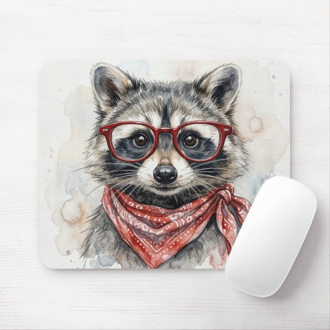 Raccoon Wearing Red Glasses Mouse Pad (With Mouse)