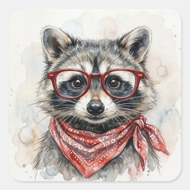 Raccoon Wearing Red Glasses Square Sticker (Front)