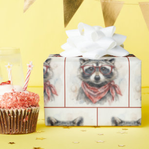 Raccoon Wearing Red Glasses Wrapping Paper