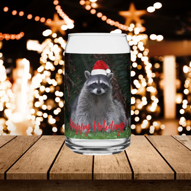 Raccoon Wearing Red Santa Hat Holiday Can Glass (In Situ Holidays)