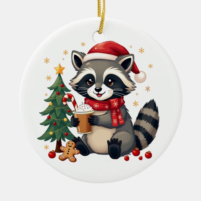 Raccoon Wearing Santa Hat For Christmas Holiday  Ceramic Ornament (Front)