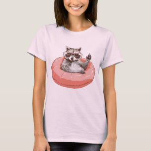raccoon wearing sunglasses in a pink swimming ring T-Shirt