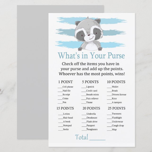 Raccoon What's in your purse game (Front/Back)