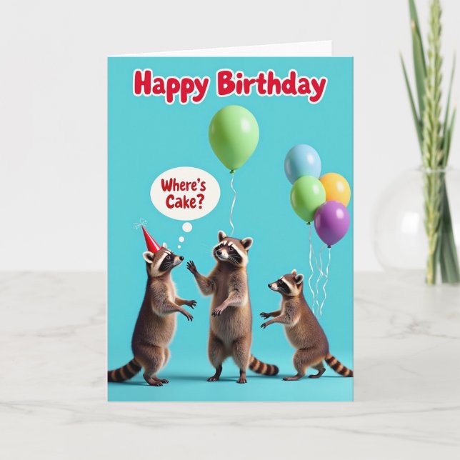 Raccoon Wheres Cake Birthday Card (Front)
