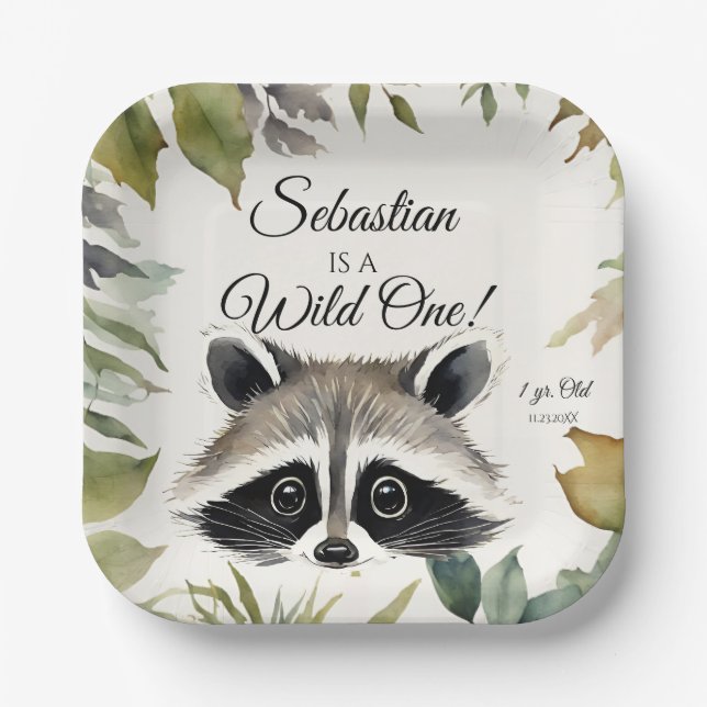 Raccoon Wild One Woodland Animal Birthday Party Paper Plates (Front)