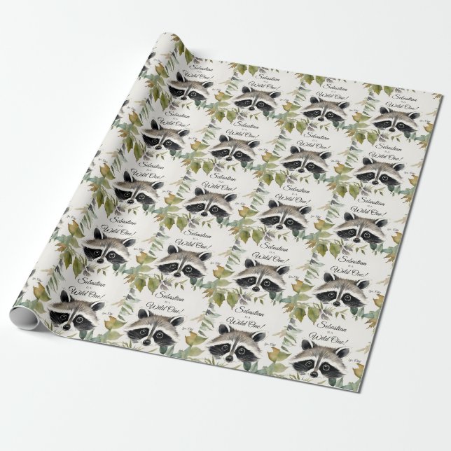 Raccoon Wild One Woodland Animal Birthday  Wrapping Paper (Unrolled)