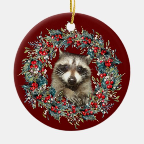 Raccoon Wildlife lover Christmas  Xmas wreath red Ceramic Ornament