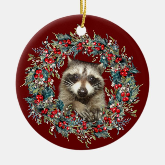 Raccoon Wildlife lover Christmas  Xmas wreath red Ceramic Ornament (Front)
