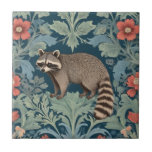 Raccoon William Morris style Left Facing Floral Ceramic Tile<br><div class="desc">"country classic art nouveau racoon",  "american striped grey raccoon",  "sage green woodland animals",  "british william morris ceramic tile",  "leafy woods dark navy blue",  "forest tree leaf leaves antique",  "vintage red wildflowers",  "wildlife english garden animal",  "nature floral flower botanical",  "left facing traditional flowers"</div>