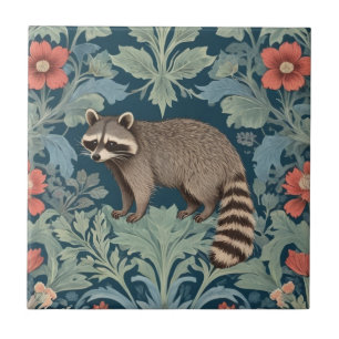 Raccoon William Morris style Left Facing Floral Ceramic Tile