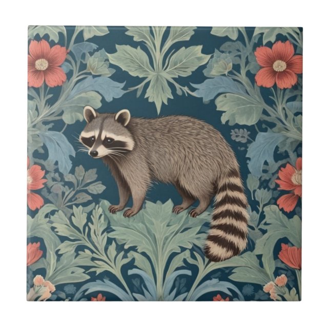 Raccoon William Morris style Left Facing Floral Ceramic Tile (Front)