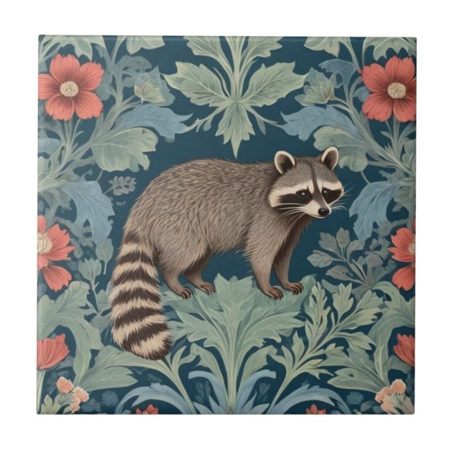 Raccoon William Morris style Right Facing Floral Ceramic Tile (Front)