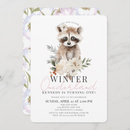 Raccoon Winter Onederland Girl 1st Birthday Invitation