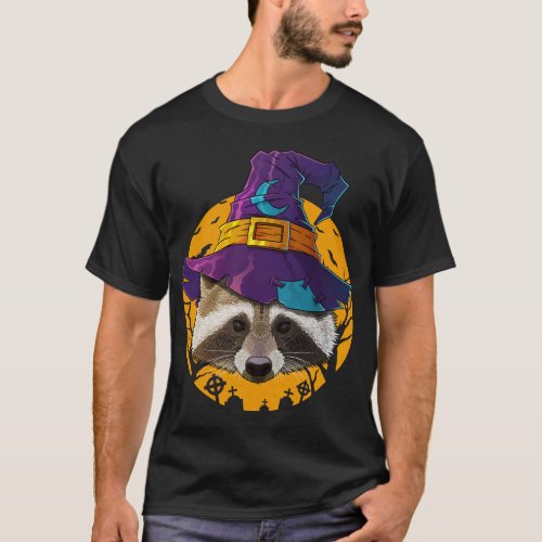 Raccoon Witch Funny Halloween Costume Creepy Moon T_Shirt