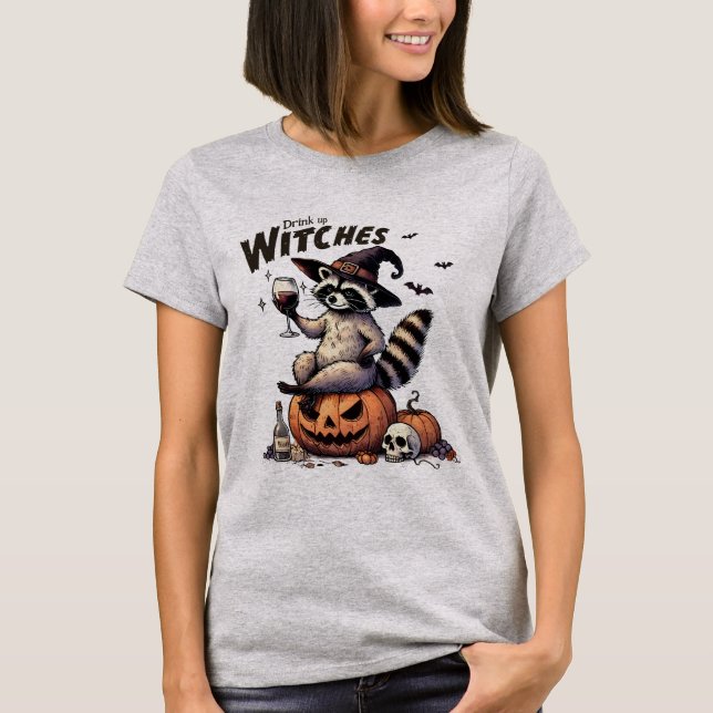 Raccoon Witch Hat Drinking Up Halloween Skull T-Shirt (Front)