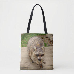 Raccoon with a chip tote bag