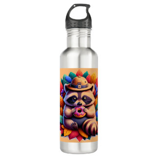 raccoon with a doughnut stainless steel water bottle