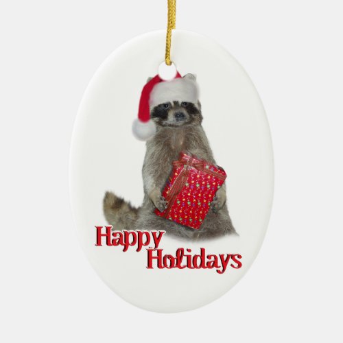  Raccoon with Christmas Present  Ceramic Ornament