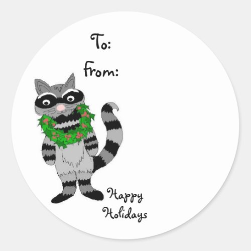 Raccoon with Christmas Wreath Classic Round Sticker