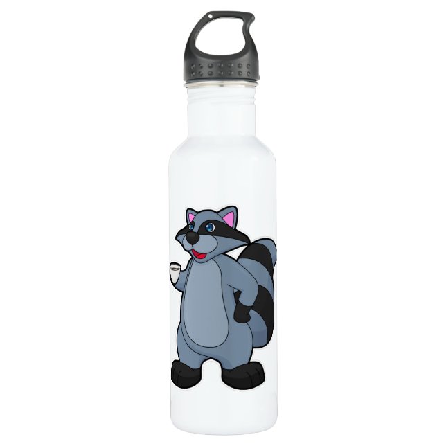 Raccoon with Cup of Coffee Stainless Steel Water Bottle (Front)