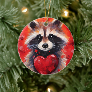 Raccoon with hearts ceramic ornament