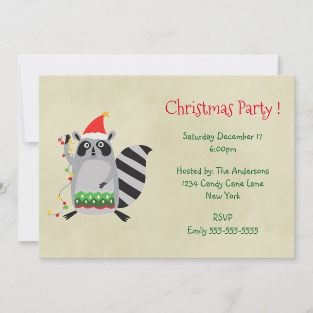 Raccoon with Holiday Lights Christmas Party Invite (Front)