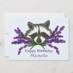 Raccoon with lavender. Happy Birthday Invitation