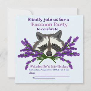 Raccoon with lavender. Raccoon Party Invitation