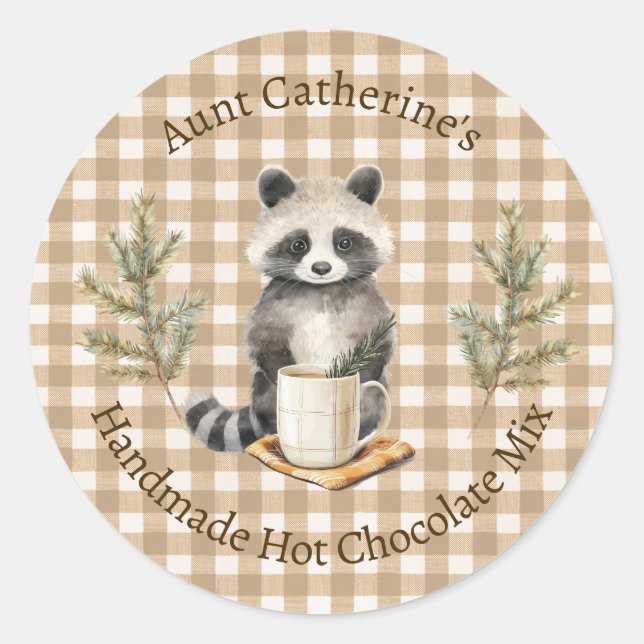 Raccoon with Mug Brown Gingham Hot Cocoa Mix Label (Front)