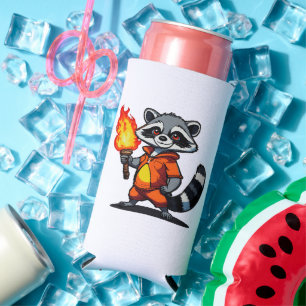 Raccoon with Torch Seltzer Can Cooler