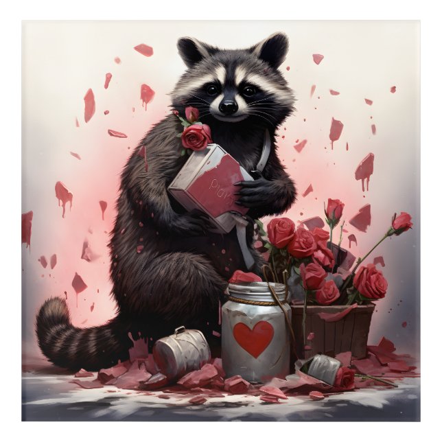 Raccoon with Valentines day trash Acrylic Print (Front)