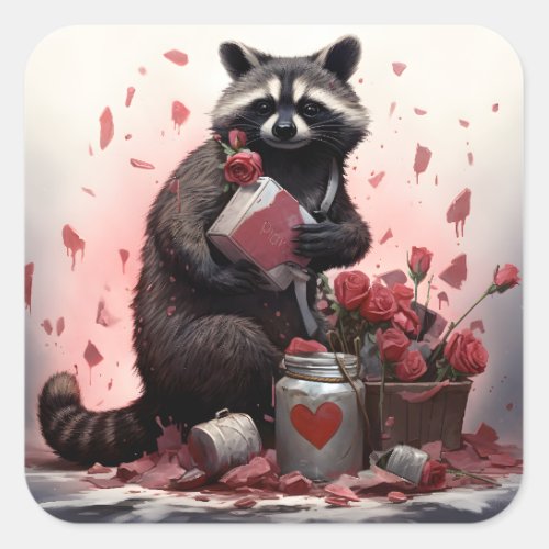 Raccoon with Valentines day trash Square Sticker