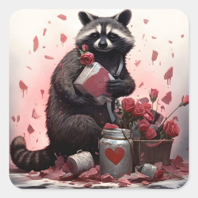 Raccoon with Valentines day trash Square Sticker (Front)