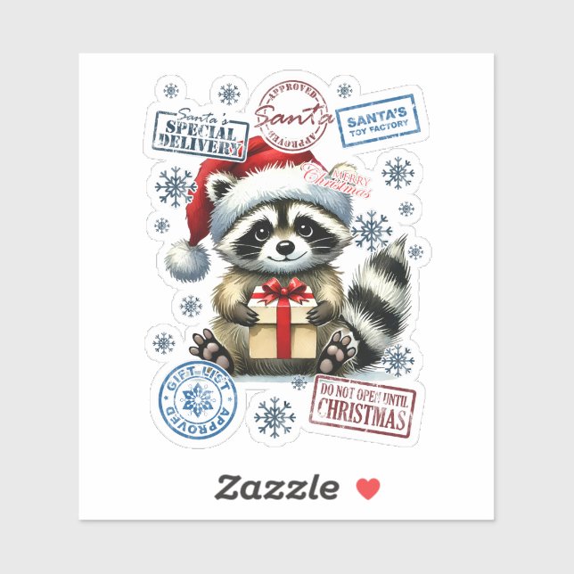 Raccoon With Xmas Gift & Stamps Sticker (Sheet)