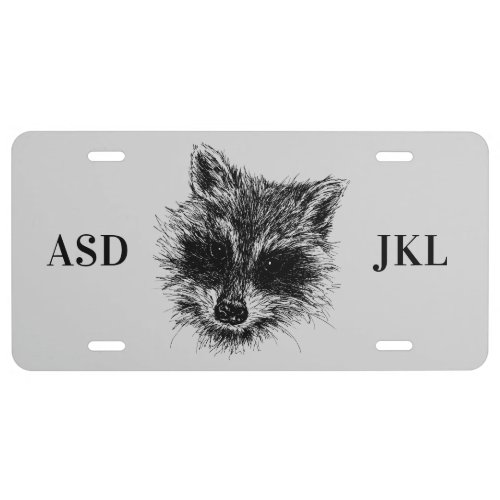 Raccoon Woodland Animal Drawing Monogrammed License Plate
