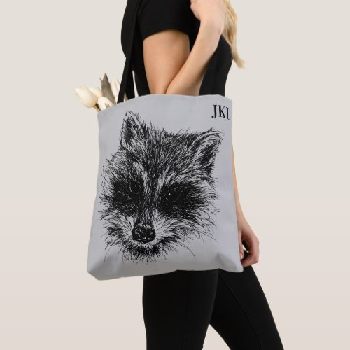 Raccoon Woodland Animal Drawing Monogrammed Tote Bag