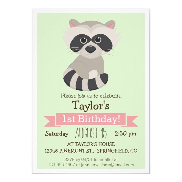 Raccoon, Woodland Animal Kid's Birthday Party Invitation