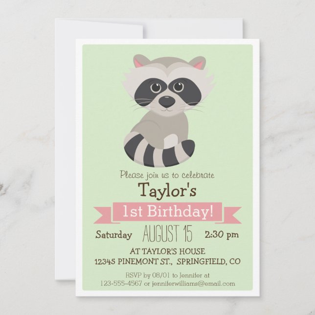Raccoon, Woodland Animal Kid's Birthday Party Invitation (Front)