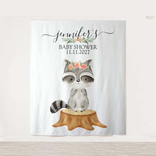 Raccoon Woodland Animals Baby Shower backdrop (Front)