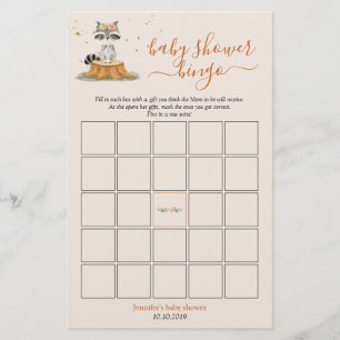 Raccoon Woodland Animals Baby Shower Bingo Game