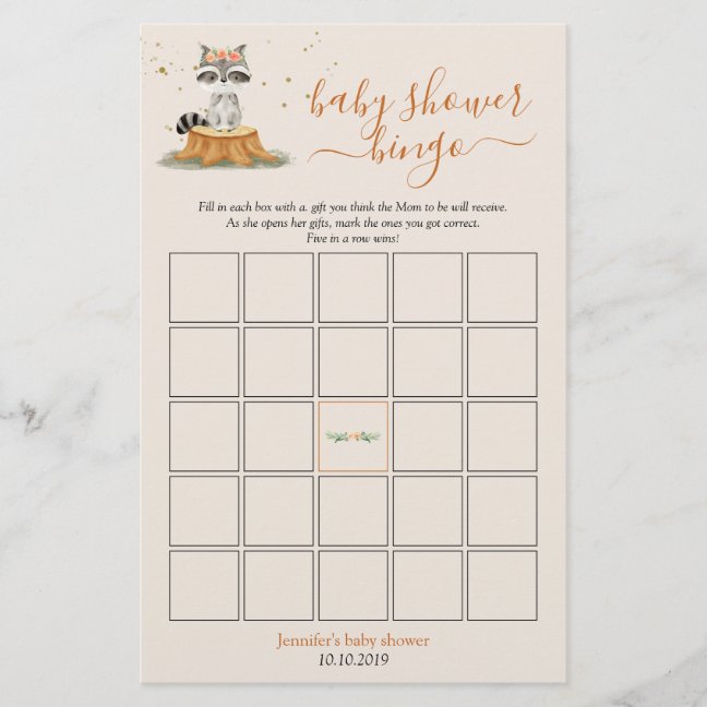 Raccoon Woodland Animals Baby Shower Bingo Game