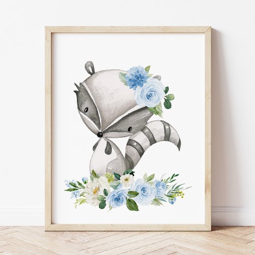 Raccoon Woodland Animals Boho Blue Flowers Photo Print