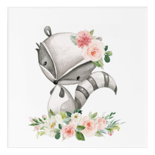 Raccoon, Woodland Animals, Boho, Pink Flowers Acrylic Print